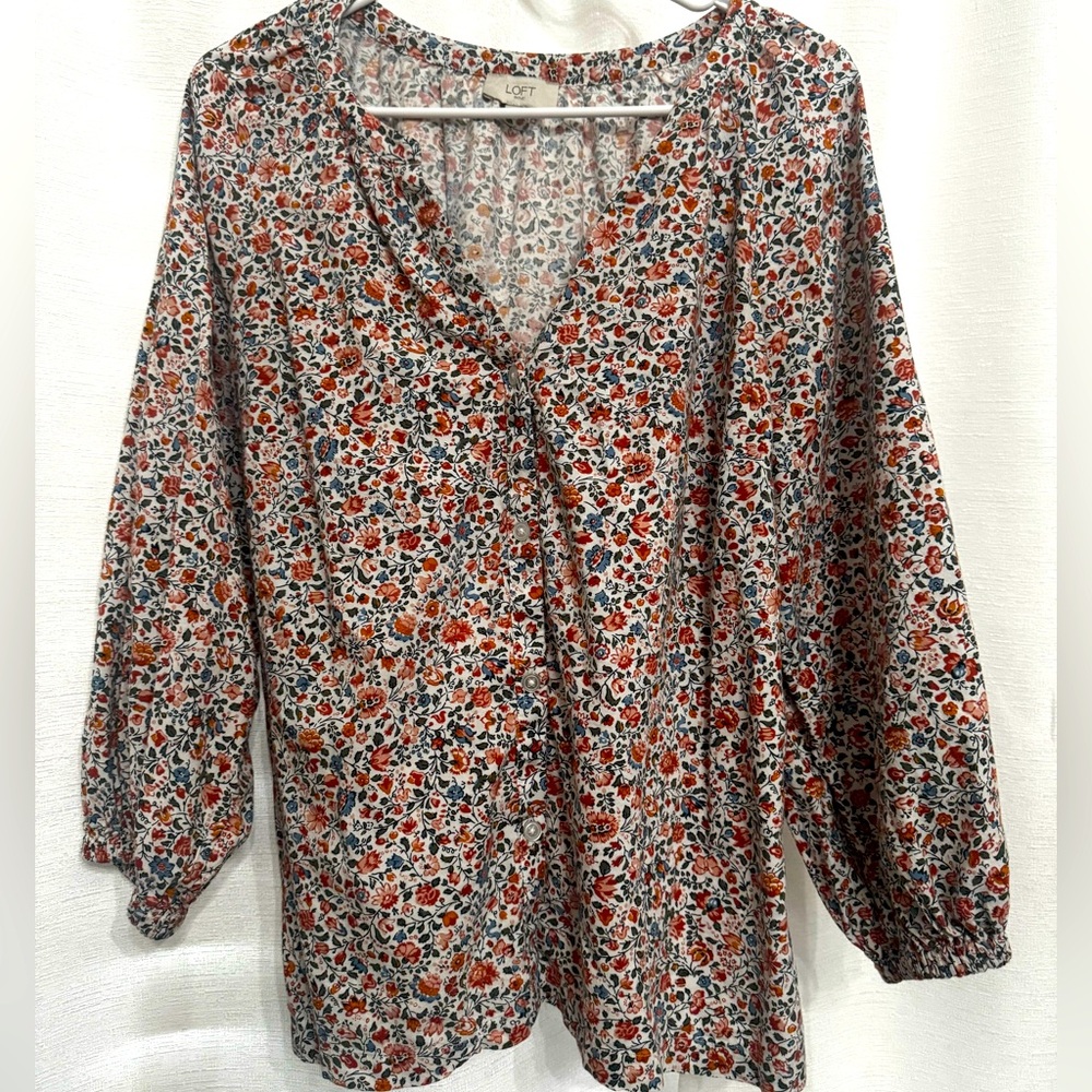 Loft Outlet Floral Button Down Blouse • Rust and Blue Florals • L • Lightly Worn